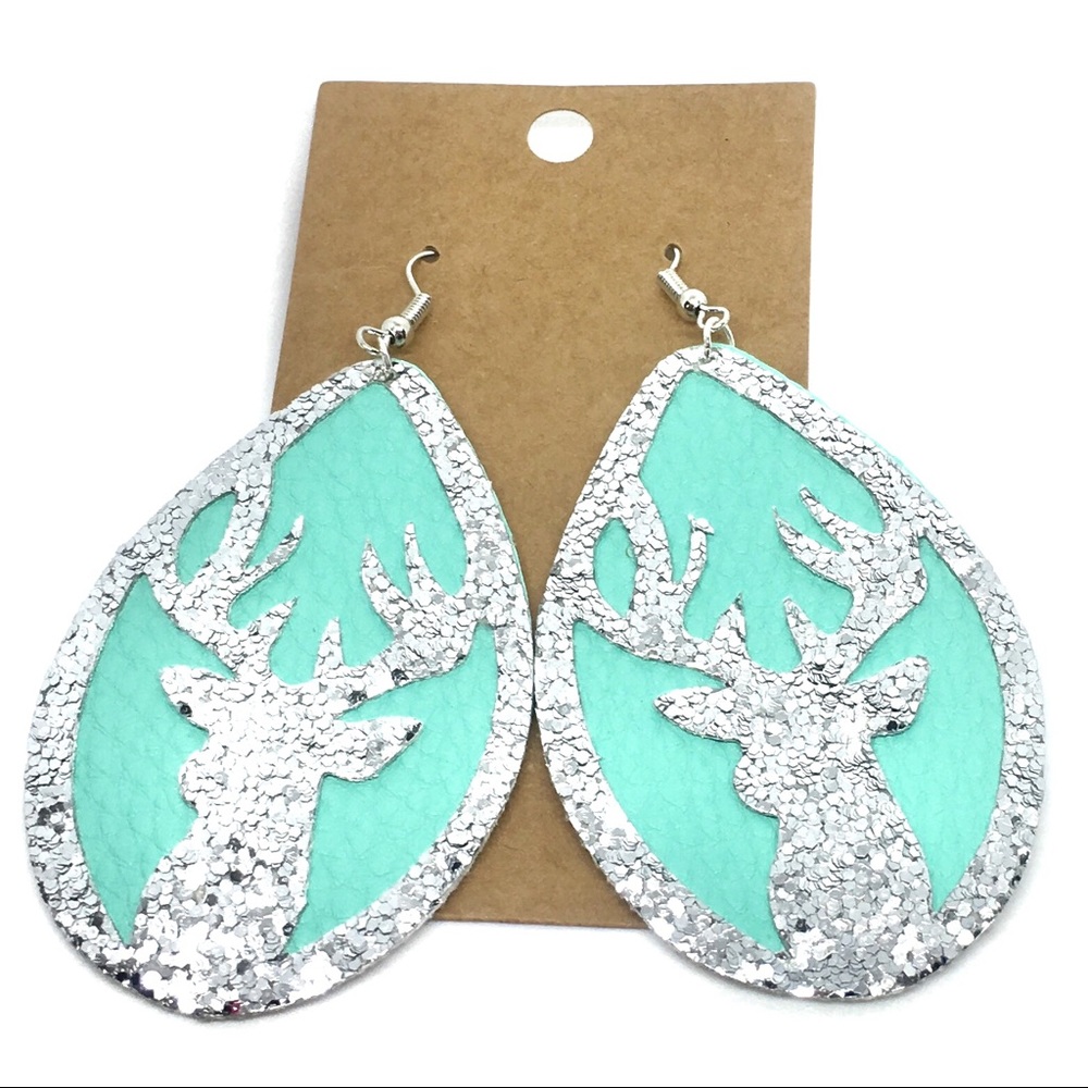 Christmas Holiday Silver Aqua Deer Drop Earrings